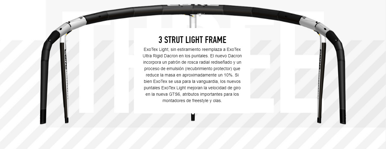 3 STRUT LIGHT FRAME ExoTex Light, sin estiramiento reemplaza a ExoTex Ultra Rigid Dacron en los puntales. El nuevo Dacron incorpora un patrón de rosca radial rediseñado y un proceso de emulsión (recubrimiento protector) que reduce la masa en aproximadamente un 10%. Si bien ExoTex se usa para la vanguardia, los nuevos puntales ExoTex Light mejoran la velocidad de giro en la nueva GTS6, atributos importantes para los montadores de freestyle y olas.